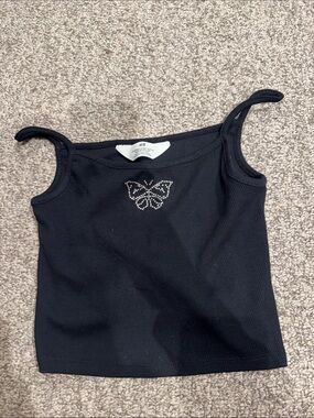 H&M Black Ribbed Camisole with Crystal Butterfly Accent